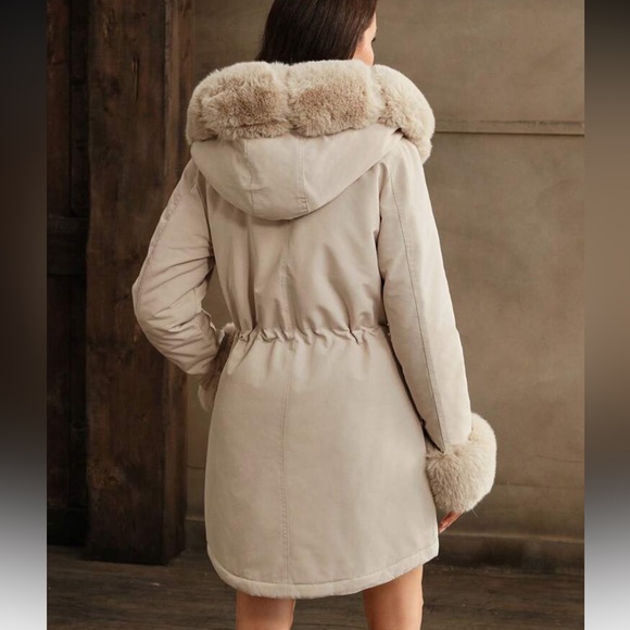 Luxury faux fur lined parka coat beige long winter jacket hood soft warm - Picture 5 of 7